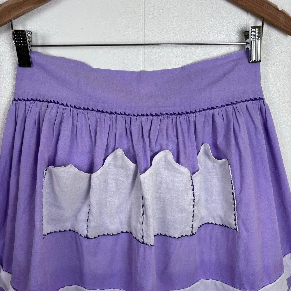 VTG Handmade XS Waist Apron Purple White Pockets Embroidered‎ Accents Tie Back
